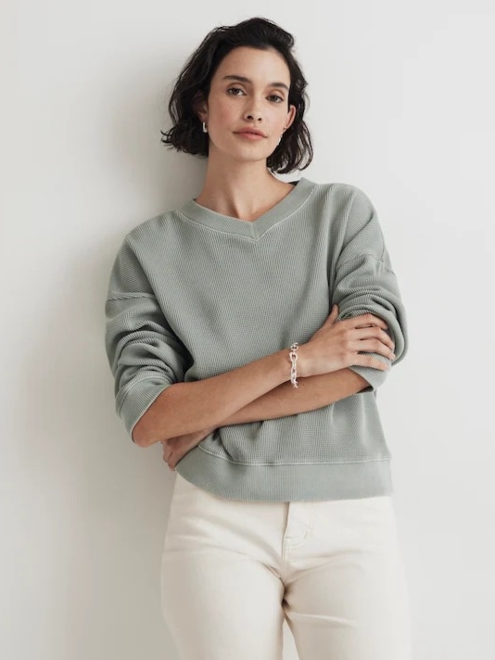 Madewell Waffle Knit Boxy Relaxed Fit Sweatshirt Tee Women's Large Soft Green